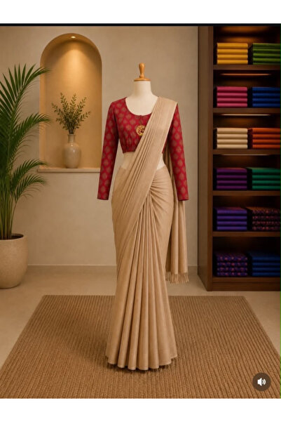 MYSMAR Beige Draped Saree with Kalamkari Printed Blouse - EFS9646 | Beige-Size-0