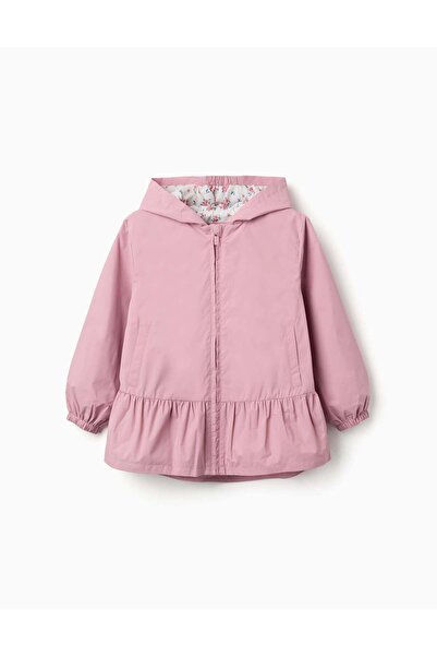 Ziddy Hooded Windbreaker With Ruffled Hem And Lining For Girls, Pink