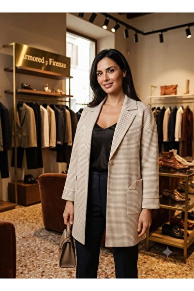 Genel Markalar Bej Kazayağı Desenli Klasik Kesim Kadın Blazer Ceket / Trençkot