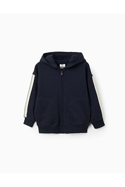 Ziddy Cotton Hooded Jacket With Striped Tape For Boys, Navy Blue/Beige/Green