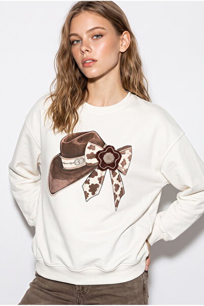 Bianco Lucci Kadın Beyaz Fiyonk Baskılı Taş Detaylı Oversize Üç İplik Sweatshirt 2283 60286479