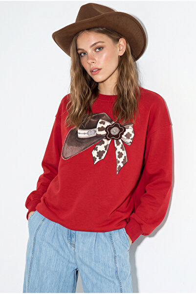 Bianco Lucci Kadın Kırmızı Fiyonk Baskılı Taş Detaylı Oversize Üç İplik Sweatshirt 2283 60286479