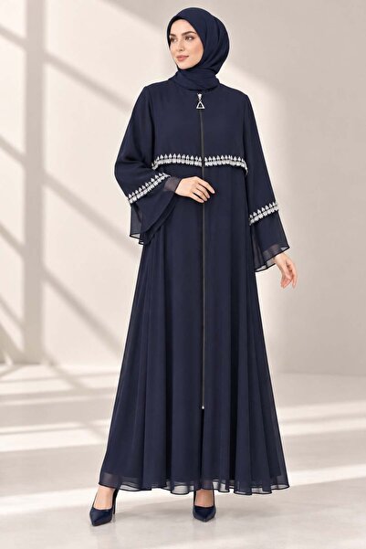 ottoman wear Büyük Beden Taşlı Şifon Ferace Lacivert OTW36180