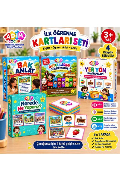 4’lü Eğitici Kartlar Seti | 3+ Yaş | Bak Anlat, Duygularımı Öğreniyorum, Yer Yön, Nerede Ne Yaparız