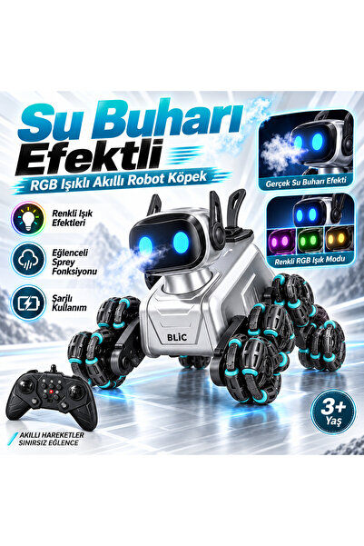 Fillikutum AI Robot Köpek Uzaktan Kumandalı Jest ve Ses Kontrollü Spreyli Işıklı Akrobatik