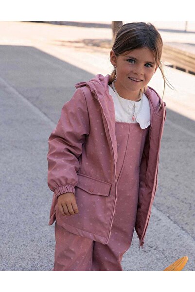 Ziddy Padded Rubber Parka With Hood And Floral Print For Girls, Pink