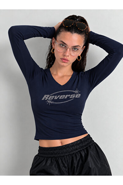NİCE Kadın Reserve Yazılı Taş Baskılı - Likralı Uzun Kol Body Tee Crop