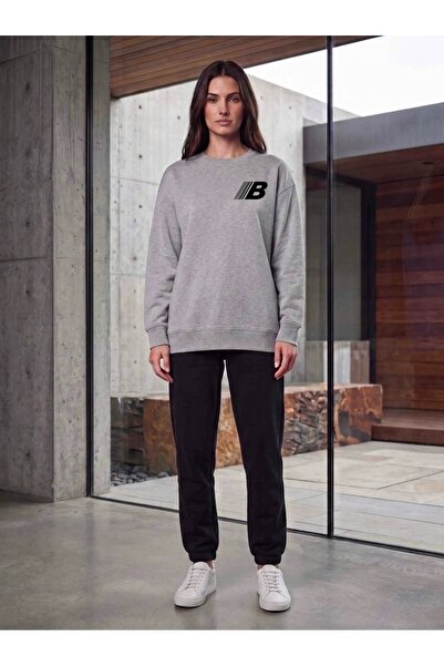 HAI COLLECTİON Women's Minimal Printed Sweatshirt 3 Thread Oversize Crew Neck