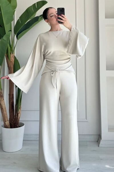 aura7 collection KG MODAL KUMAŞ KOL VE BÜZGÜ DETAY BAĞLAMALI ALT ÜST TAKIM