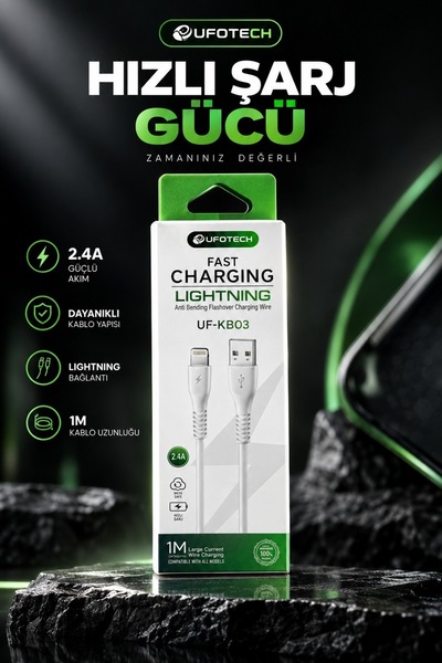 UFOTECH UF-KB03 2.4A Hızlı Şarj ve Data Aktarım Lightning Kablo 1 Metre – Beyaz