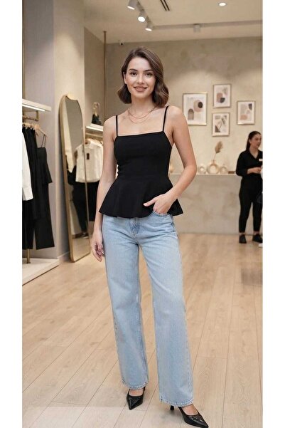 exsen360 Kare Yaka İnce Askılı Etekten Açmalı Peplum Siyah Bluz