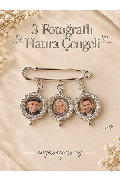 enyessaccessory Kişiye Özel 3 Fotoğraflı Gümüş Renk Hatıra Çengeli - Gümüş Re...