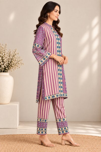 Devoiler Women’s Purple & Beige Mixed Print 2-Piece Co-Ord Set with Straight Pants