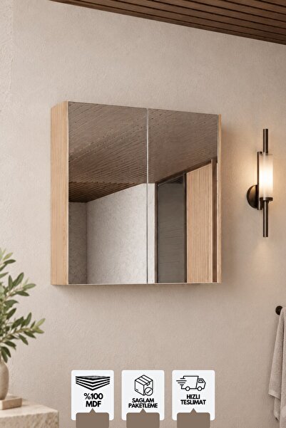 KAREN BANYO Milano 60 Cm, Banyo Dolabı, Üst Modül, Aynalı Dolap, Atlantis Meşe
