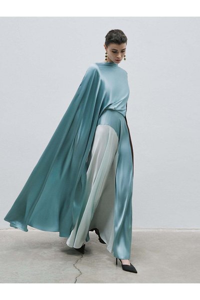 BAQA Three-Color Silk Dress with Cape Detail