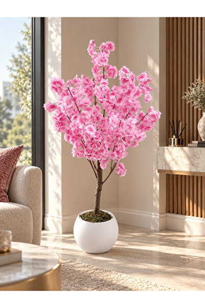 Cennet Home Sakura Bloom 120 cm Dekoratif Yapay Bahar Ağacı – Beyaz Küre Saksıda