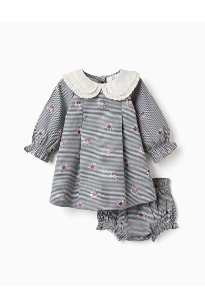 Ziddy Cotton Gingham Dress With Floral Print For Newborn Girls, White/Navy Blue