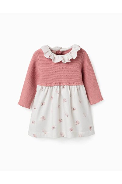 Ziddy Dual-Fabric Dress With Floral Print For Newborn Girls, Pink/White