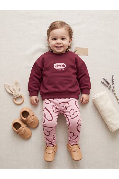 Deniva Kids Kız Bebek Bordo Sweatshirt ve Kalp Desenli Pembe Eşofman Altı 2'l...