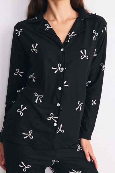 C&City Süet Dokulu Gömlek Yaka Pijama Takımı Siyah