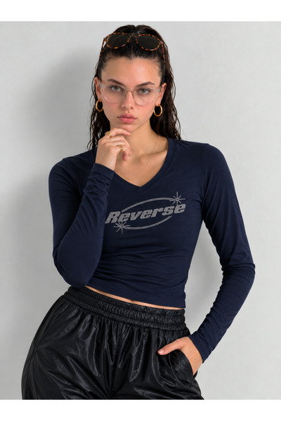NİCE Women's Reserve Written Stone Print - Lycra Long Sleeve Body Tee Crop