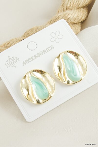 ZERO LAND Spt-Gld Round Enamel Earrings (140616) Water Green