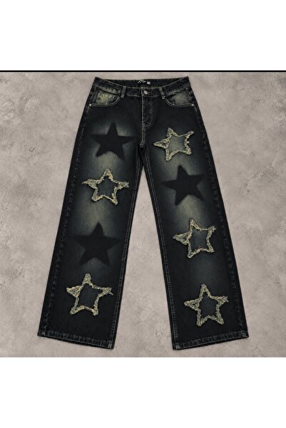 eyonnwear Y2K Grunge Tarzı Yıldız Cepli Yıkamalı Flare Denim Pantolon