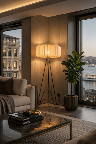 Modelight Valencia Modern Siyah Metal Beyaz Silindir Şapkalı Lambader - Salon...