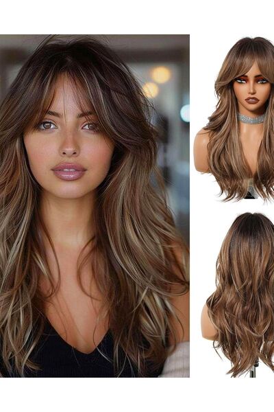 OUFEI Perucă, Ondulată, Breton tip perdea, 50 cm, Fibră sintetică, Ombre, Mar...