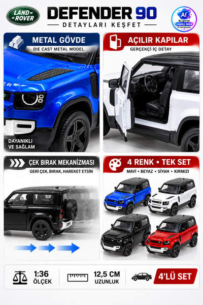 YILDIRIM OYUNCAK Die Cast Land Rover Defender 90 Model Araba 4’lü Set 12,5cm – 1:36 Ölçek Metal Açılır Kapılı Çek Bırak Araba