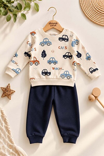 dinamik çocuk Erkek Bebek/Çocuk Arabas Desenli 2'li Takım Sweatshirt ve Eşofm...