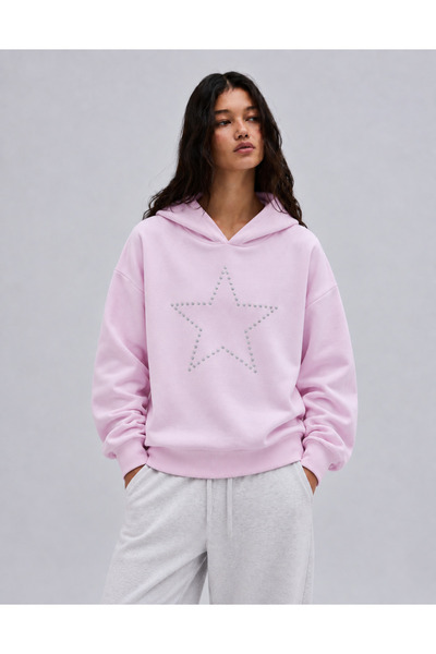 Kadın Pembe Yıldız Taş Detaylı Oversize Kapüşonlu Sweatshirt Hoodie