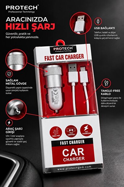 PROTECH S7 2.4A Çift USB Hızlı Araç Şarj Cihazı ve Micro USB Kablo Seti – Beyaz