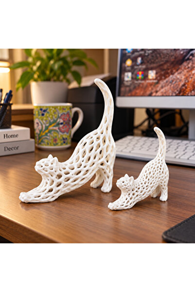 PİYATECH 2’li Dekoratif Kedi Biblo Seti, Modern File Tasarımlı 3D Baskı Masaü...
