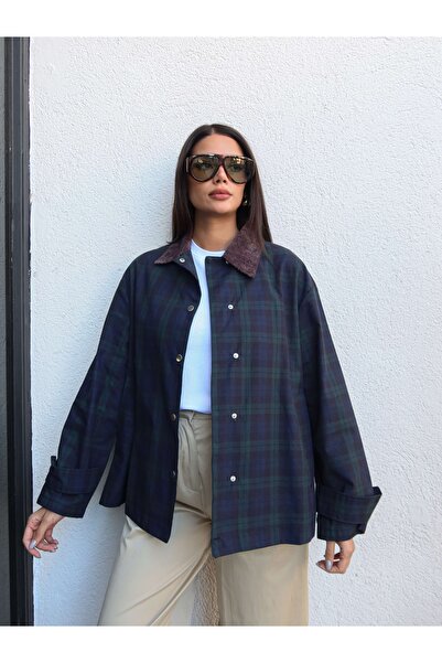 ESRAHELVACI Velvet Collar Plaid Trench