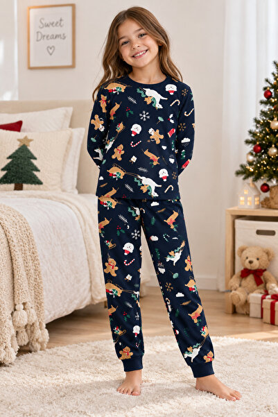 Beniizle New Year's Patterned Long Sleeve Unisex Top and Bottom Pajama Set