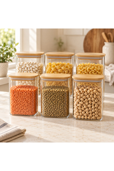 Queen’s Kitchen 6 قطع من البرطمانات الزجاجية المستطيلة ذات الأغطية الخيزرانية...