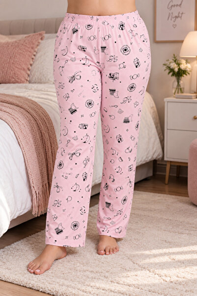 Laperissa Pink Food Patterned Knitted Plus Size Pajama Bottoms