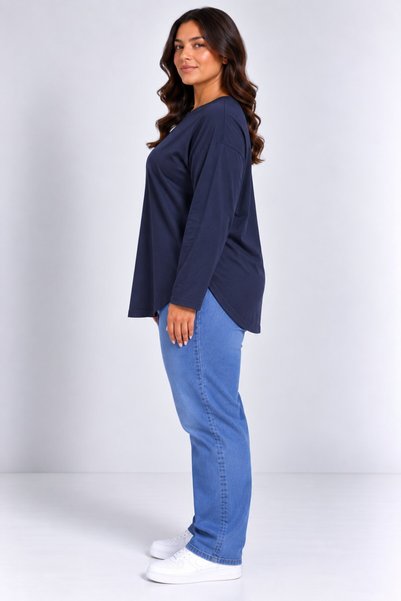Süperlife Women's Plus Size Crew Neck Long Sleeve Oval Hem Tunic T-Shirt Spr26Btk992