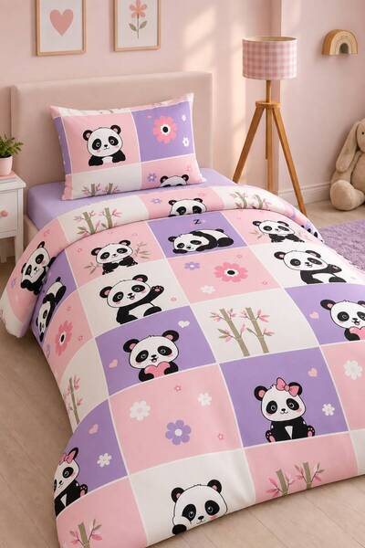 Eponj Home Kolay Ütülenir Nevresim Takımı Tek Kişilik Sevimli Panda Pembe