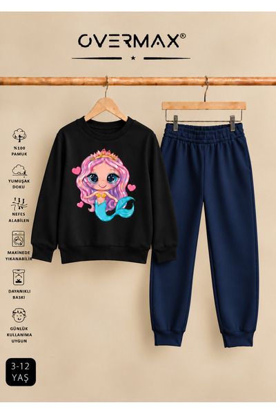 OVERMAX Mermaid Printed Hoodless Sweatshirt Tracksuit Set – Ages 3-12