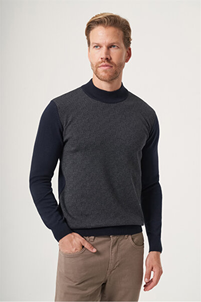 İmza Navy Blue-Fume Turtleneck Long Sleeve Knitted Comfort Fit Cotton Sweater...