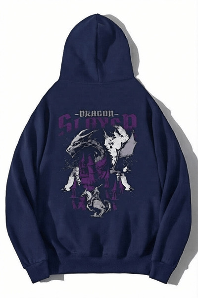 K KOZZ STYLE Unisex 3-κλωνο βαμβακερό μπλουζάκι με στάμπα DragonSlayer σε μπλ...