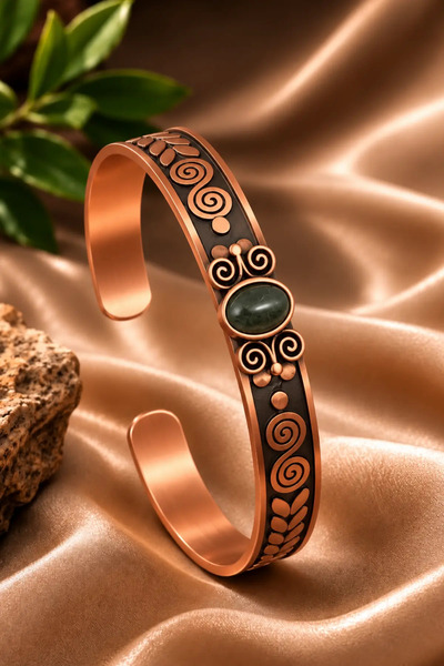 OSMANLI GÜMÜŞ Women's Copper Bracelet Handcrafted Pure Copper Oval Aventurine...
