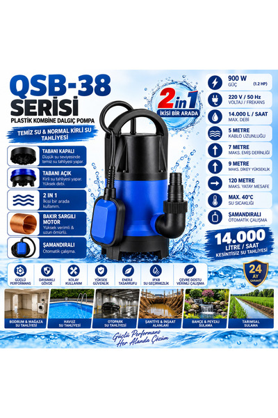 OPTIVEX 900W 1.2 Hp Kombine Dalgıç Pompa 2’si 1 Arada Şamandıralı 14.000 L/Sa...