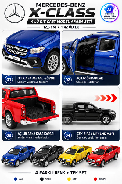 YILDIRIM OYUNCAK Die Cast Mercedes-Benz X-Class Pick-Up 4’lü Set 12,5 cm – 1:42 Ölçek Metal Açılır Kapılı Arka Kasalı Çek Bırak Model Araba