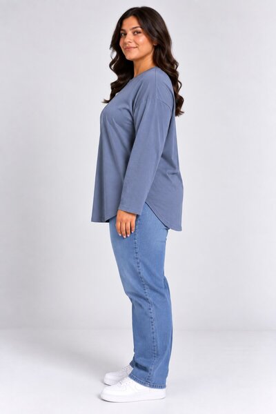 Süperlife Women's Plus Size Crew Neck Long Sleeve Oval Hem Tunic T-Shirt Spr26Btk992