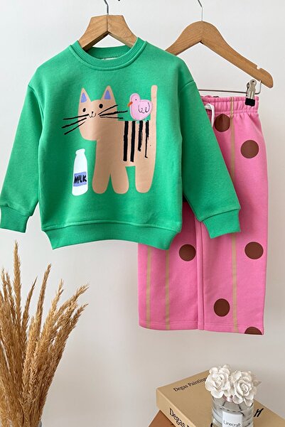 Monila Girl's Green Cat Printed Cotton Sweatshirt and Pink Polka Dot Sweatpants Top and Bottom Set