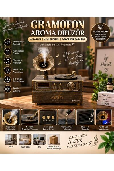 DEX BATTERİES YX3800 GRAMOFON TASARIMLI NEMLENDİRİCİ VE BLUETOOTH HOPERLÖR RENKİ RENK LED AYDINLATMA ZAMANLAYICI AYARLAMA