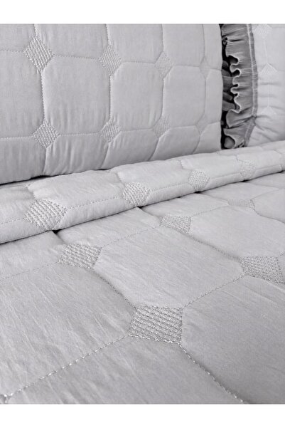 Çeyiz Diyarı Bujiva Piliseli Çift Kişilik 3 Parça Yatak Örtüsü Gri